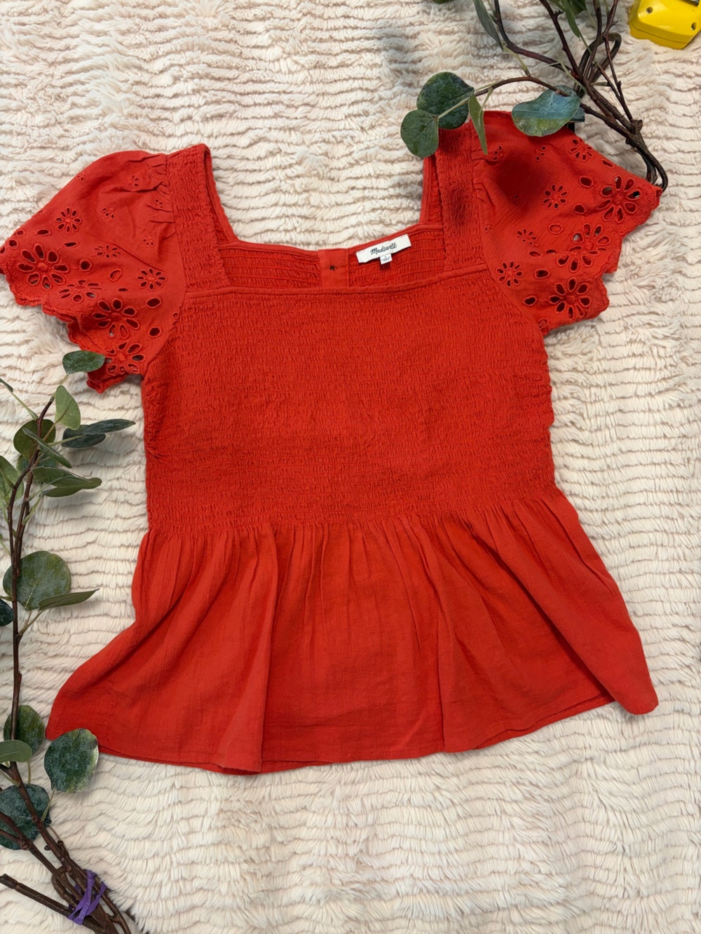 Madewell Muted Rust Flutter Sleeve Smocked Peplum Top size S